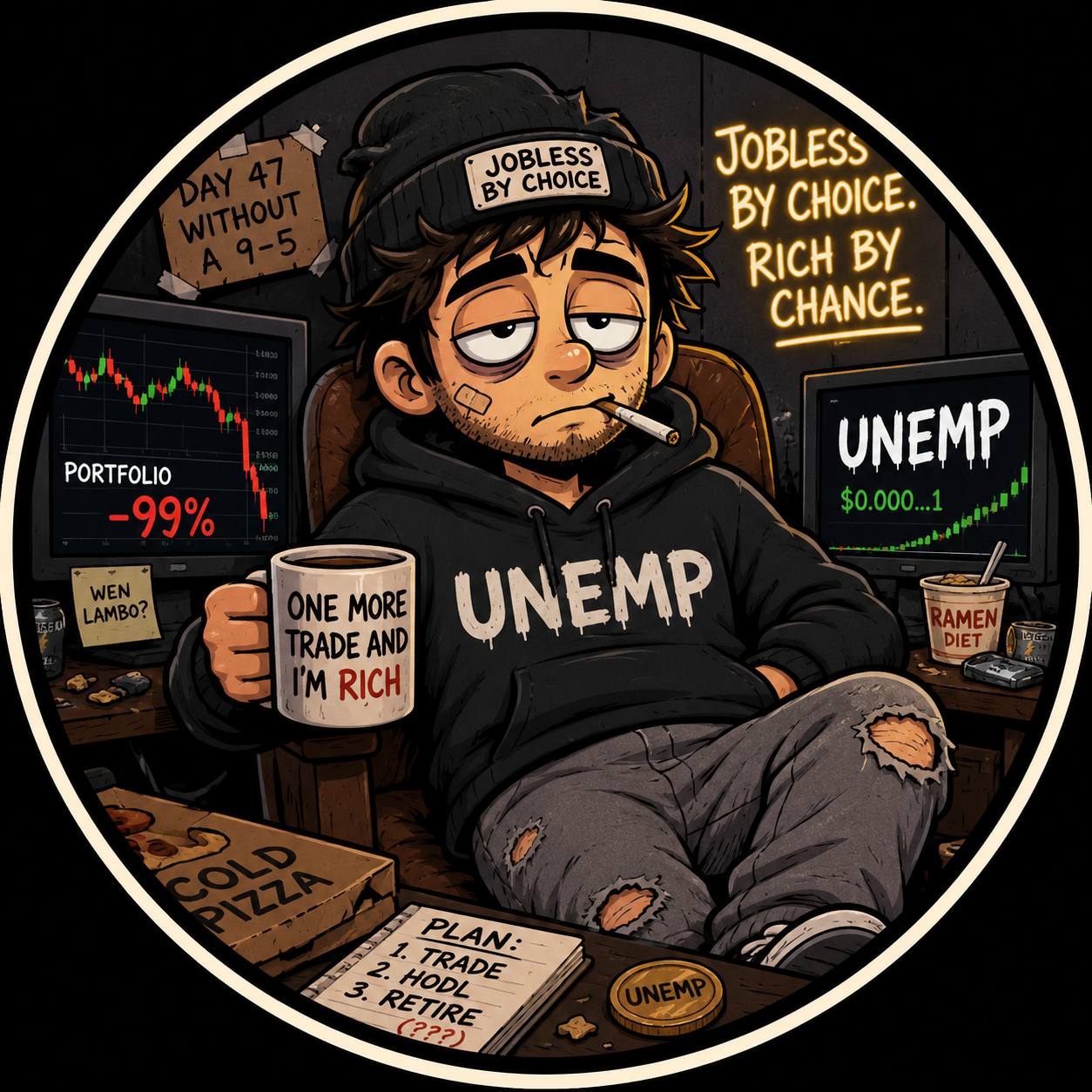 $UNEMP mascot: a late-night trader in a beanie with red charts and cold pizza